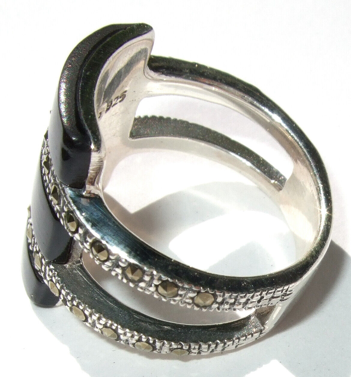 Ring 925 Silber 3x schwarzer Onyx 34x Markasit Einlegearbeit Onyxintarsien