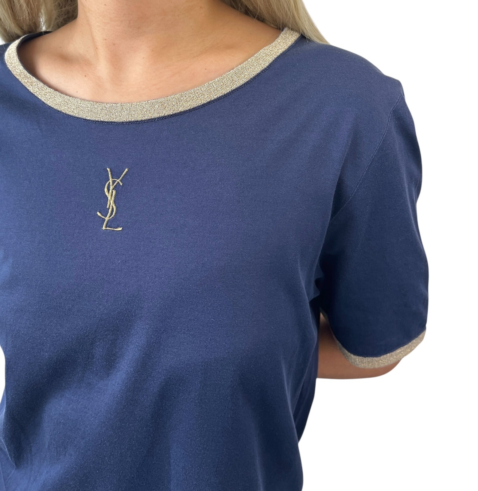 T shirt top Yves Saint Laurent vintage logo YSL #M blu scuro oro glitter