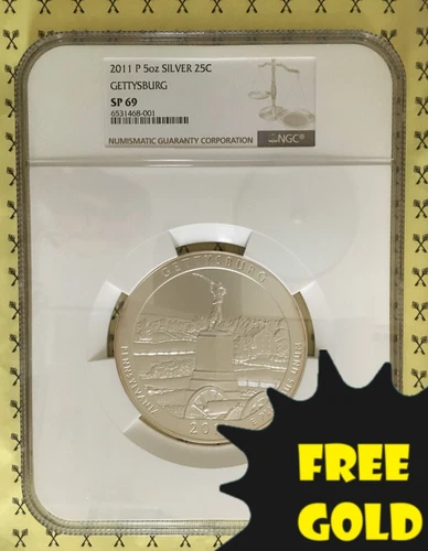 2011-P Gettysburg 5 Oz SILVER Quarter NGC SP 69 with FREE GOLDBACK*
