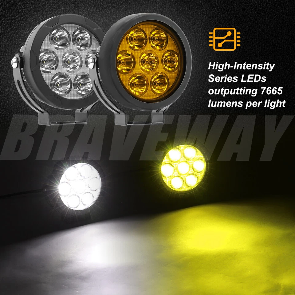 Pair Yellow White Motorcycle LED Spot Light Auxiliary Headlight Fog Driving Lamp - Image 4 of 4
