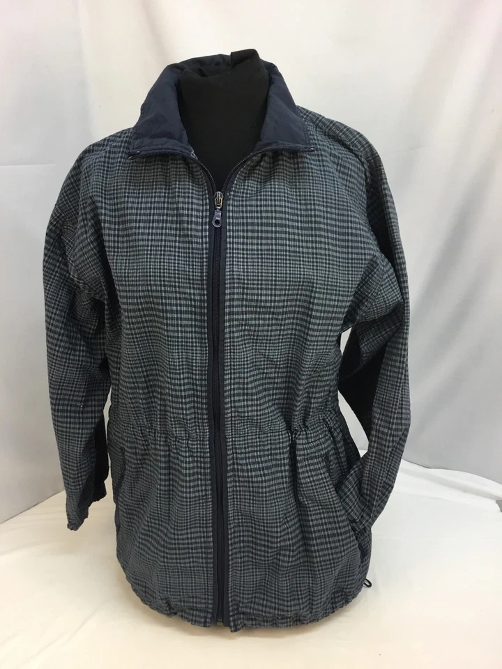 Jaqueta Columbia média xadrez azul náilon poli comprimento da coxa forrada em excelente estado usado YGI RE2159 - Imagem 2 de 4