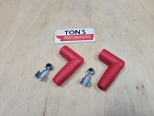 Pair Spark Plug Boots & Terminals 7-8mm wire, Red silicone 90 degree Right angle