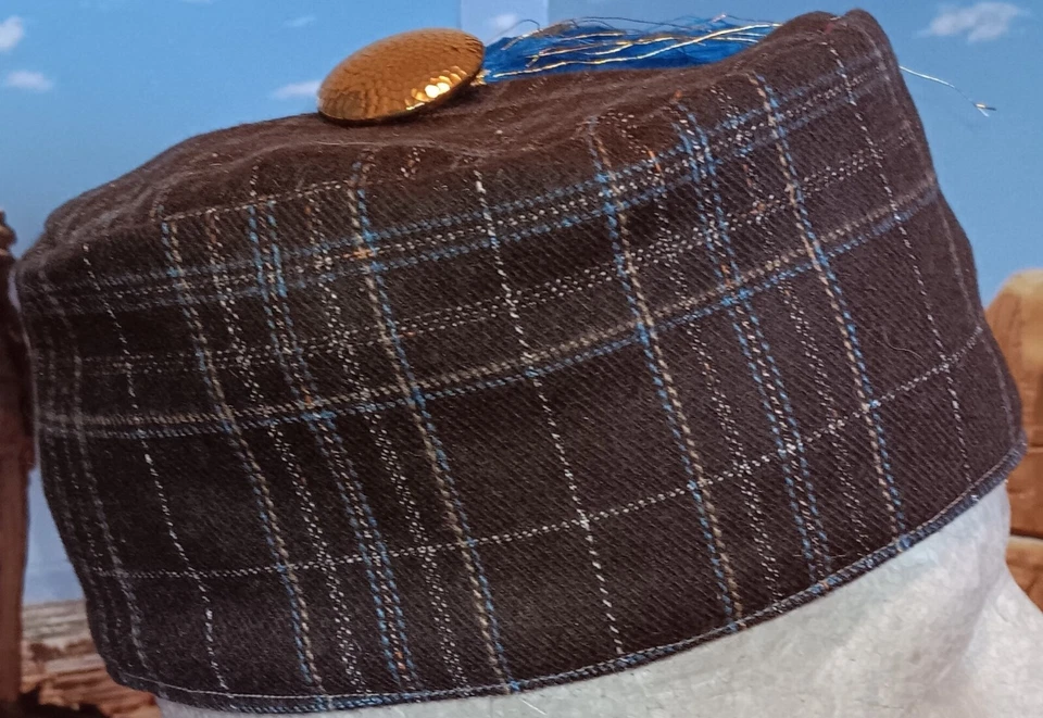 SMOKING CAP Reproduction 1800's Victorian Style Brown Wool Plaid  Size Medium - Image 2 of 4