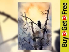 Silhouette of Crow 5"x7" Print on Matte Paper | Atmospheric Nature Painting