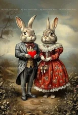 VALENTINE’S DAY RABBIT ART PRINT, Victorian Animal Poster, Bunny Love Decor F035
