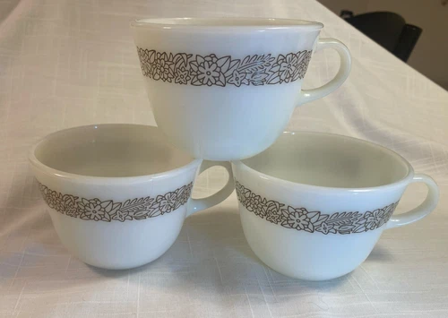 3 Vintage Pyrex Woodland Brown Milk Glass Coffee Tea Cups