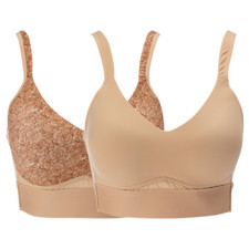 Rhonda Shear 2-pack Cross Back Mesh Detail Bra , Warm Beige/ Flora, Sz Large