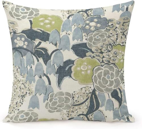 French Flower Blue Grey Green Check Throw 20x20 Cushion Cover