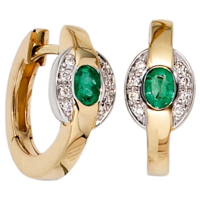 Creolen Smaragde rund Ohrringe 585 Gold 14 Karat Diamanten Damen ca.14,7 mm - Bild 1 von 2