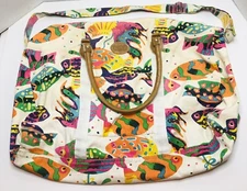 Vintage 90's Gitano Large Duffle Bag Canvas Leather Handles Colorful Fish