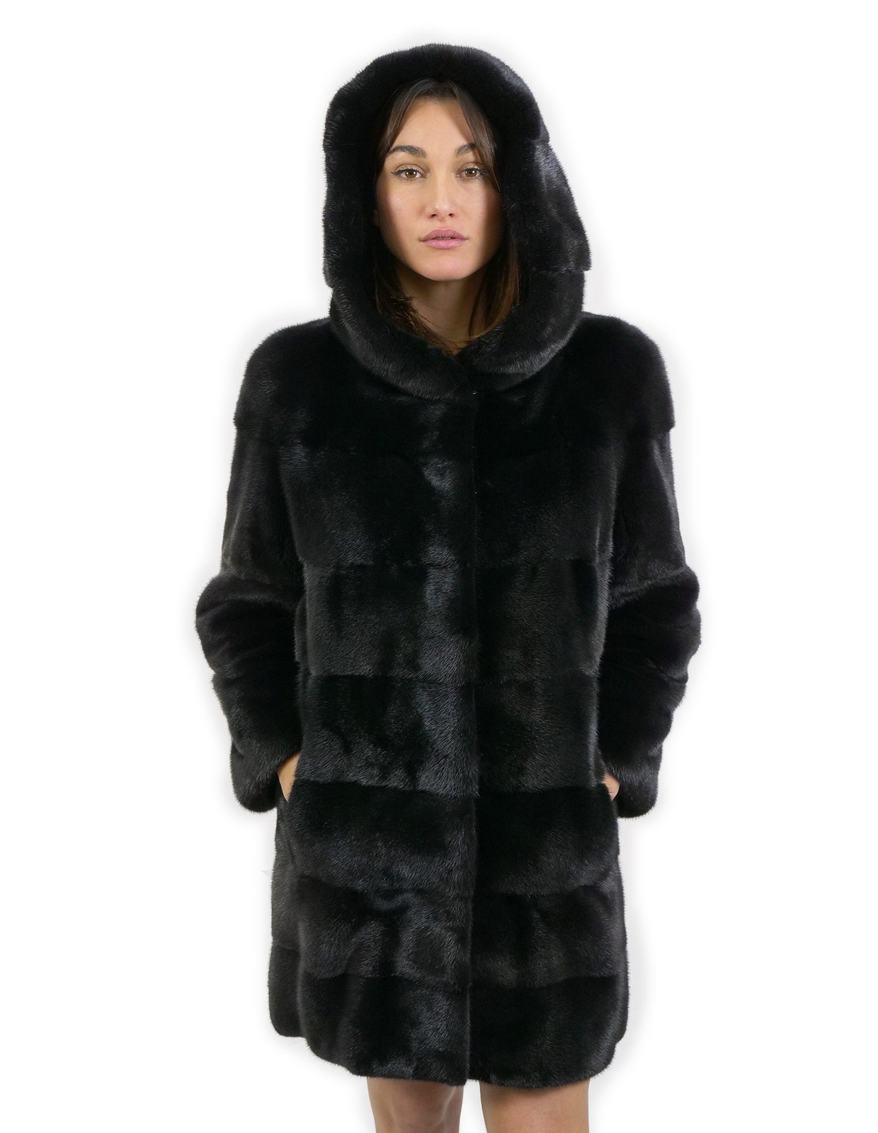 Mink fur jacket size 44 long 88cm black 3/4 sleeve horizontal hood-image