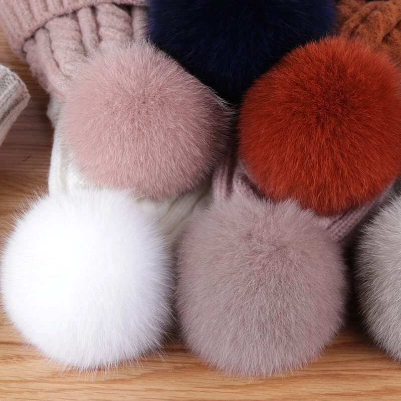 Sombrero Real Fox Mujeres Mezcla de Cachemira Tejido Gorro Piel Pompón Orejas Invierno Gorra holgada Foto 3 de 4
