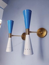 Italian Brass Wall Sconce Pair Blue White Mid-Century Modern Lights