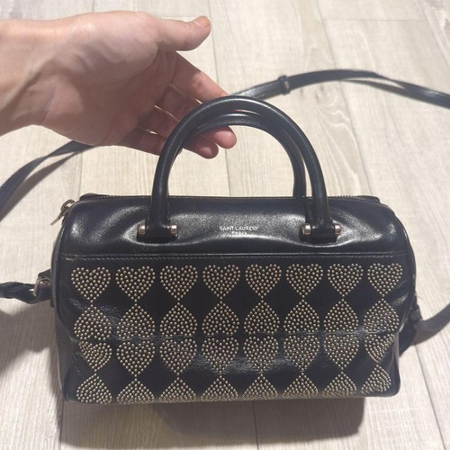 YSL Saint Laurent Studded Heart Handbag Shoulder Bag Black Leather 2way Women's