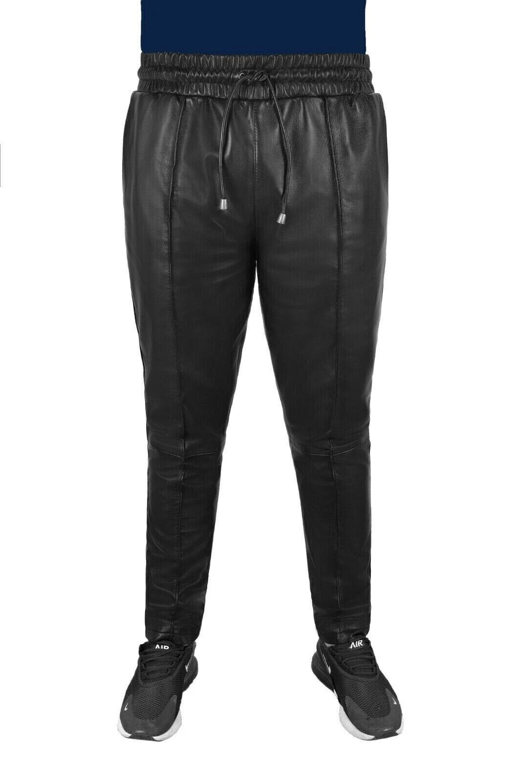 Men's Slim Fit Joggers Soft Lambskin Black Leather Trousers Jogging Causal