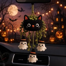 Crochet Ghost Cat Halloween Car Charm Rearview Mirror Hanging Door Ornament