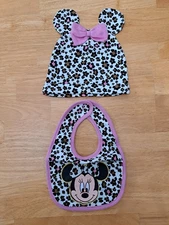 Disney Baby Minnie Mouse Floral Bib and Hat w/ Bow & Ears Soft 12 Mos ADORABLE