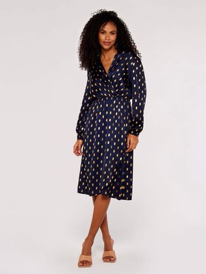 Apricot Navy Blue Satin Style Gold Detail Midi Dress BNWT Size