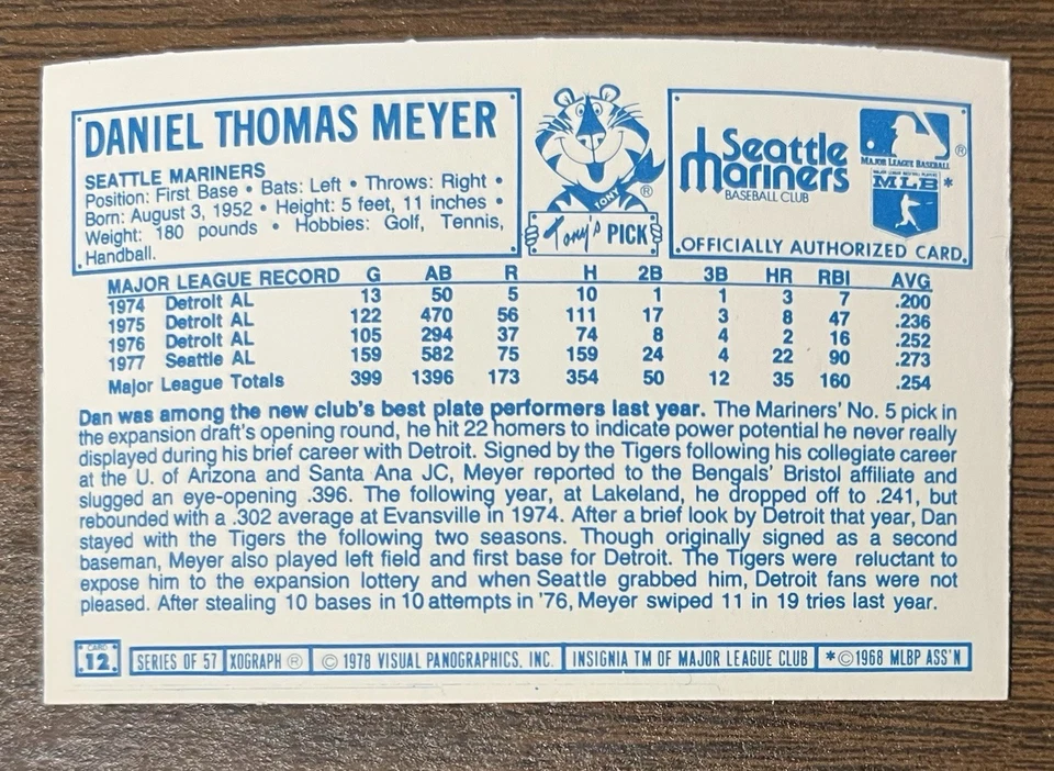 DAN MEYER 1978 KELLOGG’S BASEBALL CARD NM # 12 SEATTLE MARINERS - Image 4 of 4
