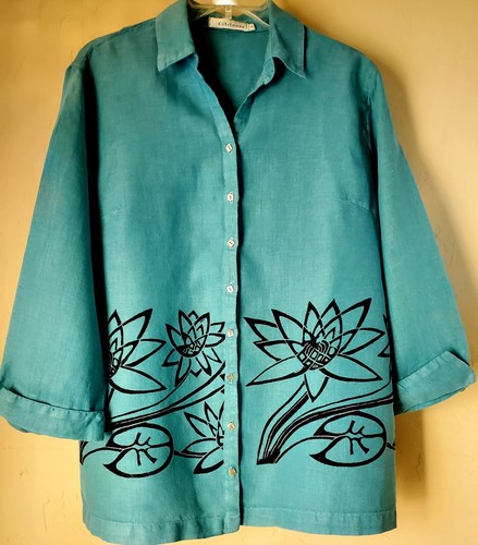 Cut Loose Linen Blazer Jacket Teal Button Front w/Floral Design Sz S - Picture 7 of 7