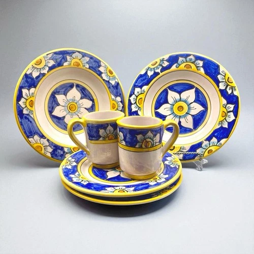 Vintage Italian Hand Painted Signed Dinnerware Set 6 Pc. Pasta Bowl Plate Mug