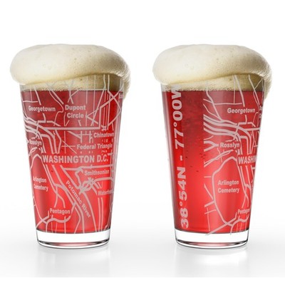   Washington, DC Map Pint Beer Glasses (Set of 2), 16 oz   Etched Wrap Design