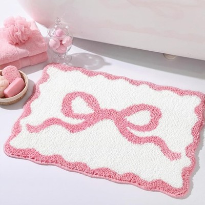16'' x 24'' Scallop Bow Bathroom Rug - Pink Bow Scalloped Bath Mat, Super Soft, Wa