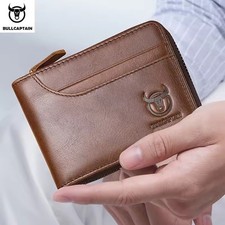 New BULLCAPTAIN Genuine Leather Men Zipper Wallet RFID Blocking Bifold Wallet
