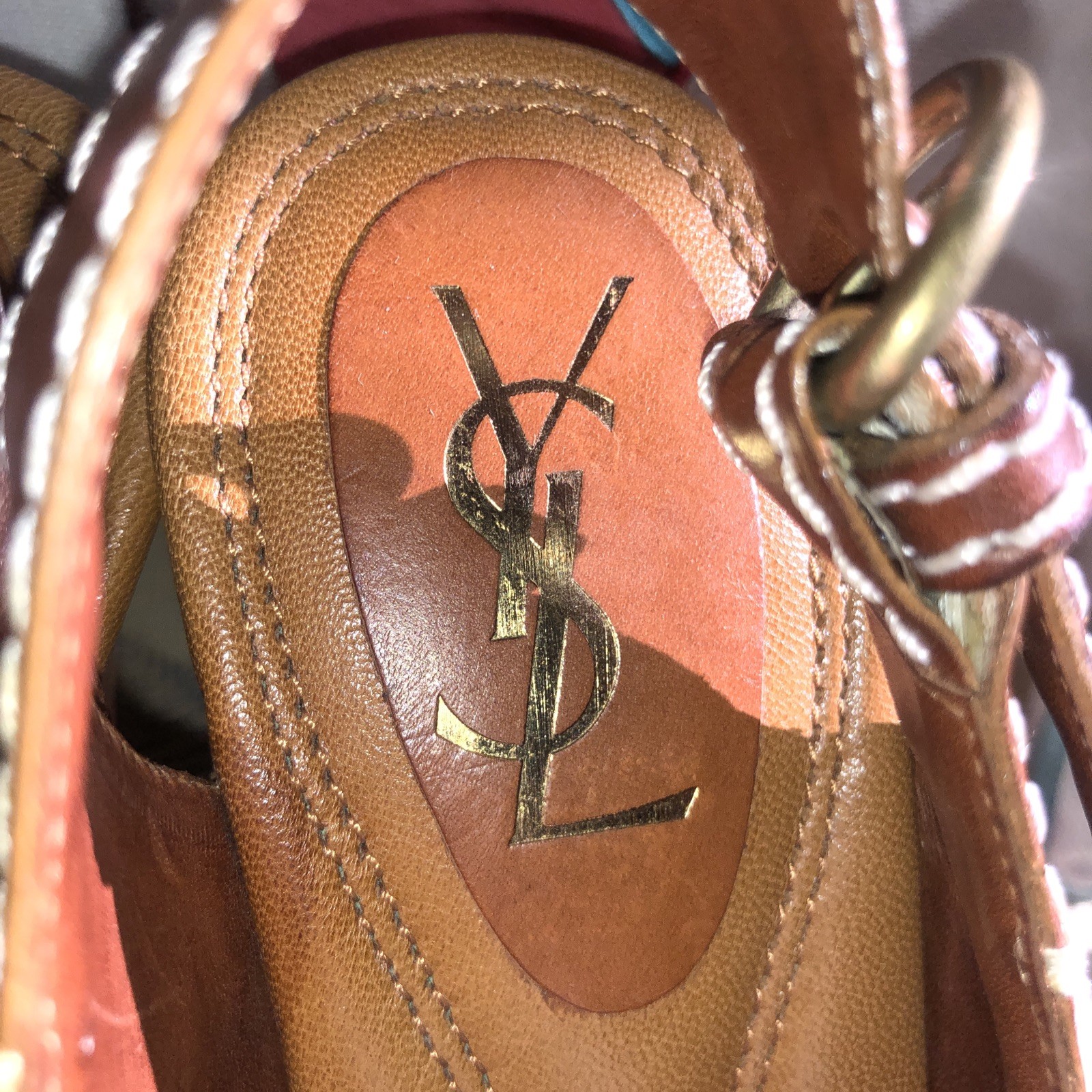 Tacchi YSL YVES SAINT LAURENT in pelle con plateau taglia 36 cuciture a contrasto cognac