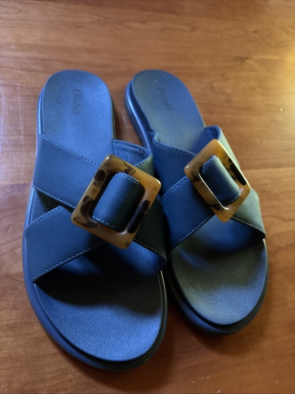 Olukai La'i Slide Comfort Sandals Women's Blue w/Tortoise Shell Buckle Size 10