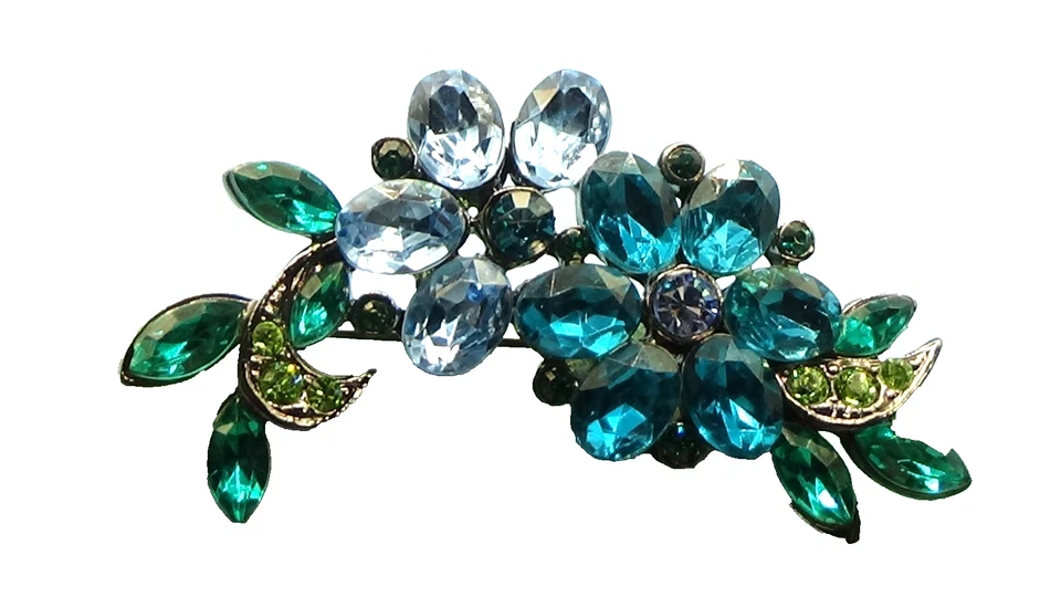 Monet Teal, Blue Navette & Round Rhinestone Gunmetal Pin / Brooch - Image 3 of 4