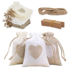 30PCS Heart Burlap Bags with Tags and Ropes, Small Drawstring Linen Candy Pou...