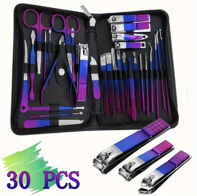 30-in-1 Maniküre & Pediküre Set   Profi Edelstahl Nagelpflege-Set mit Regenbogen