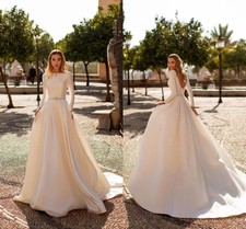 Modest Satin A Line Wedding Dresses With Sparkly Embellishment Long Sleeved