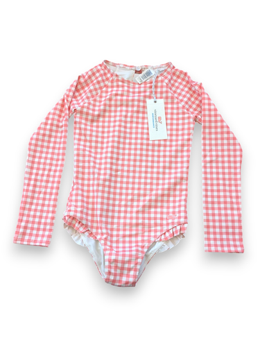 NWT Vineyard Vines Girls Long Sleeve One Piece Swimsuit Pink Gingham XS 5-6