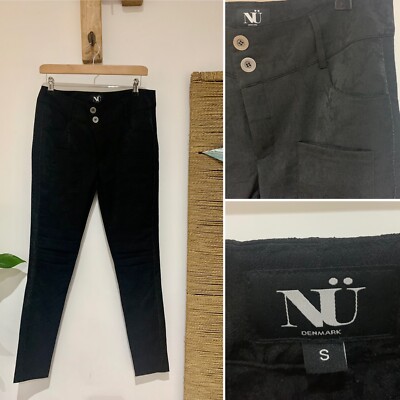 Neu NU DENMARK schwarz Jacquard Blumen Skinny Fit Biker Slim Hose Trousers Gr. S