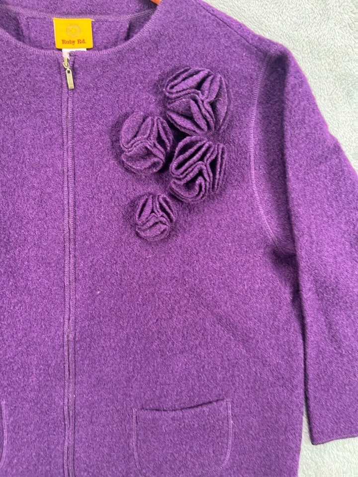 Womens Jackets Medium 100% Wool Purple Tweed 3D Floral Full Zip Coat Ruby Rd - Image 4 of 4