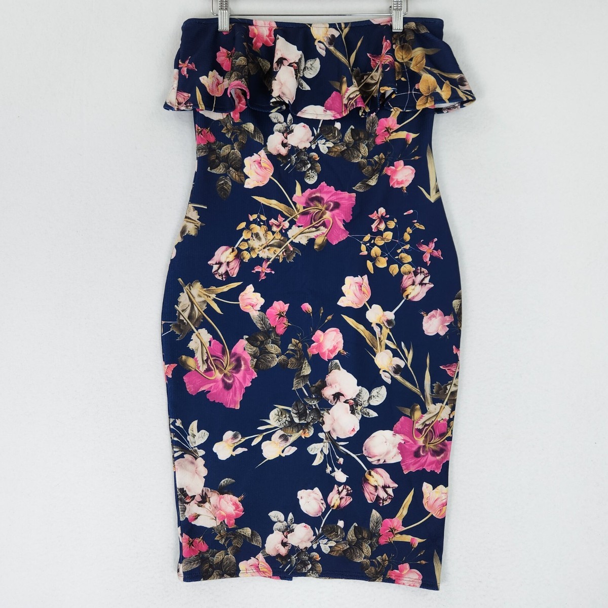 Asos Dress Womens 10 Blue Pink Floral Strapless Ruffle Summer Wedding Casual - Main Image