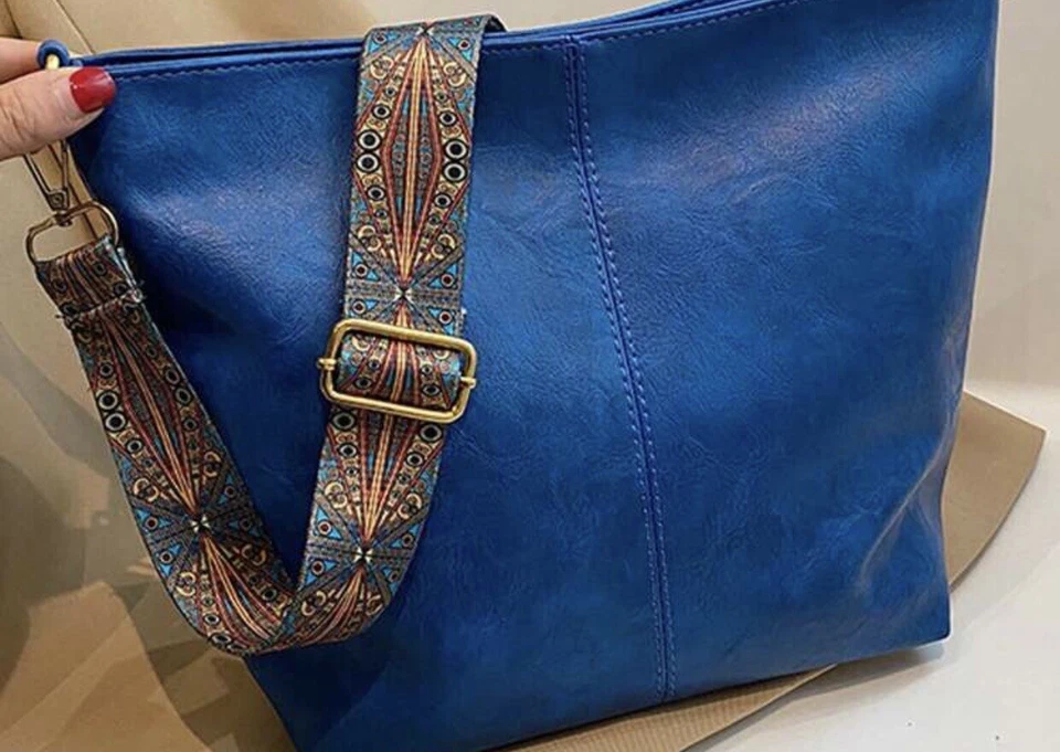 Mujer Azul Cuero Mediano Bolso de Hombro Bolso de Mano Boho Correa Ajustable