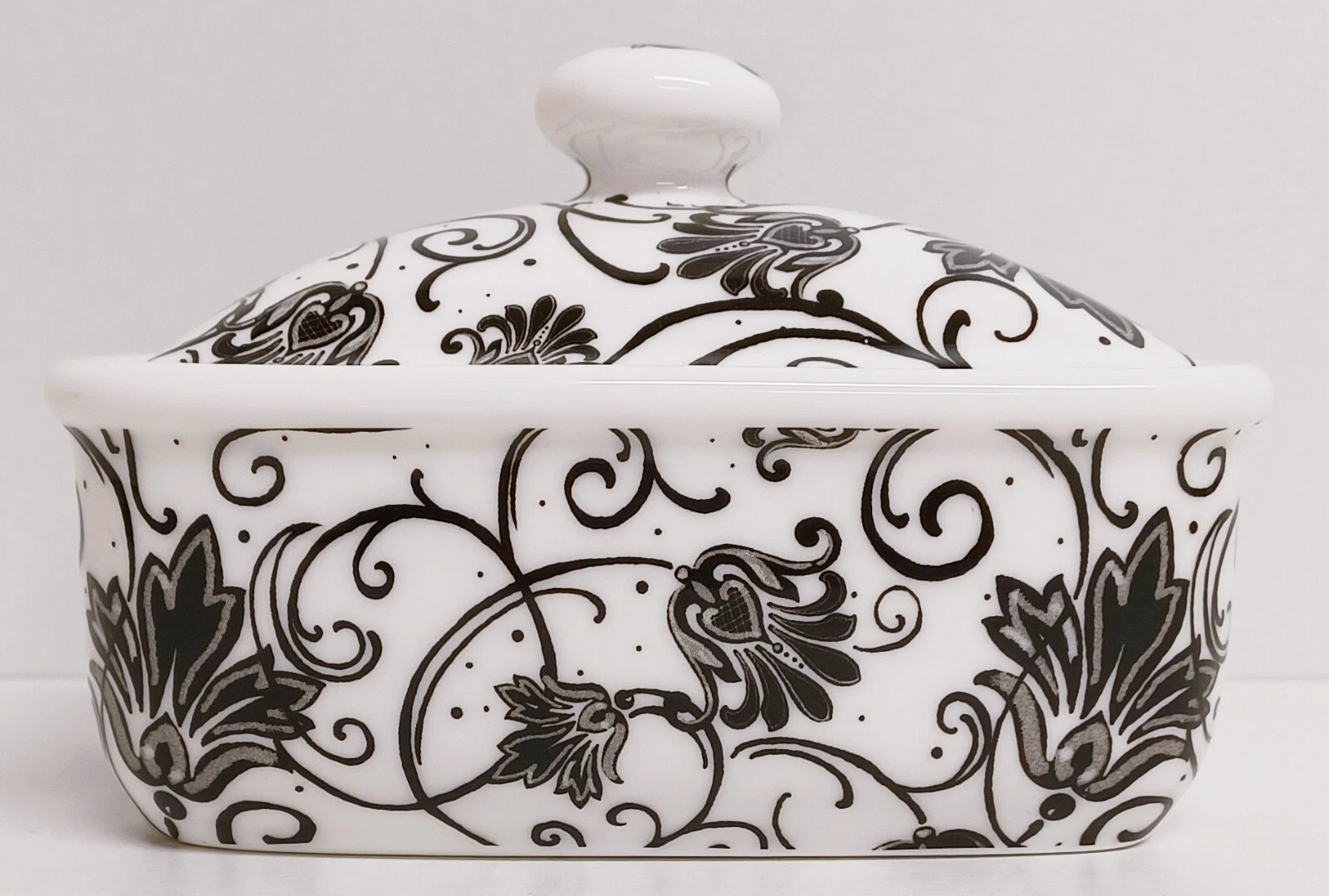 Parisian Black Butter Dish Fine China Floral Swirl Scroll Dish Lid Decorated UK
