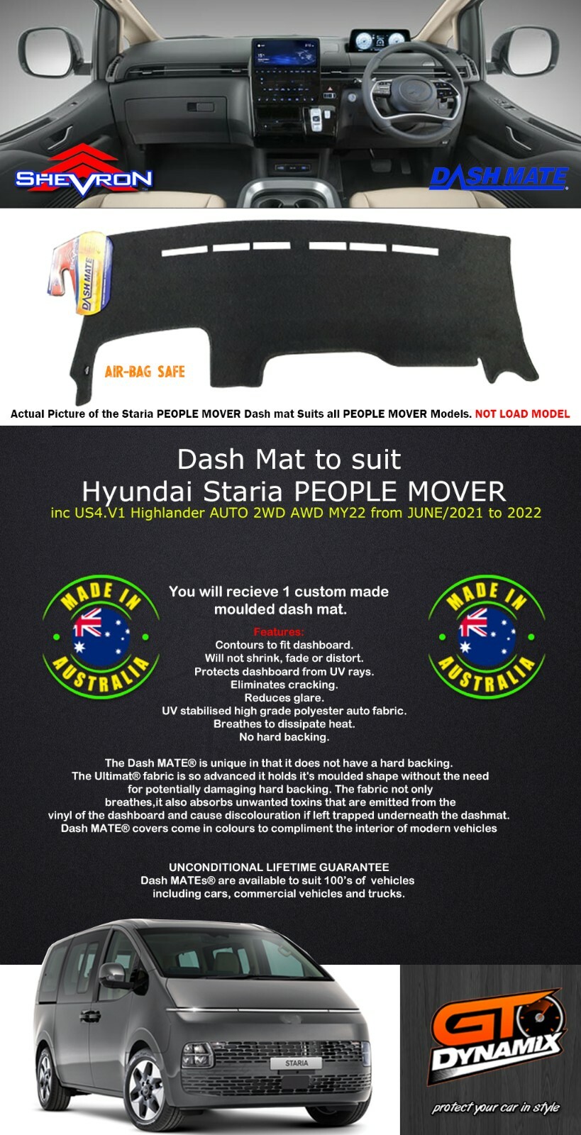 Dash mat for Hyundai Staria People Mover MY22 US4.V1 6/2021-2024 DM1625 ...