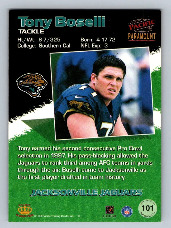 1998 Pacific Paramount #101 Tony Boselli - Image 2 of 2