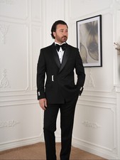 Luxury Black Tuxedo Suit for Men   Satin Shawl Lapel, Elegant Bow Tie Slim Fit