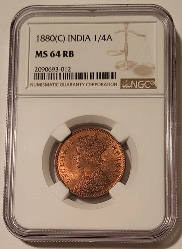 India - British Victoria 1880 C 1/4 Anna MS64 RB NGC