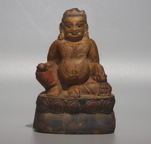 Real Tibet 1800s Old Buddhist Painted Clay Tsa Tsa Buddha Statue Yellow Kubera