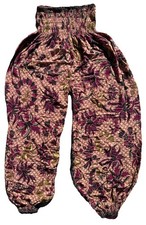 S M L Olive Fuchsia Red Floral Wide Soft Thin Gathered Elastic Harem Pants
