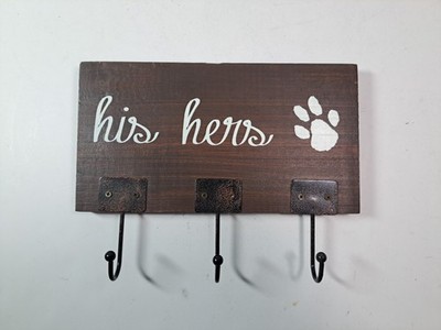 His, Hers, & Paw Print Wooden Key & Leash Holder Wall Mounted 3 Hook