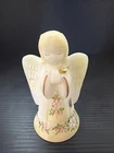Vtg Fenton Satin Angel Bell Gold Bird Trim Floral Flowers  Artist Signed