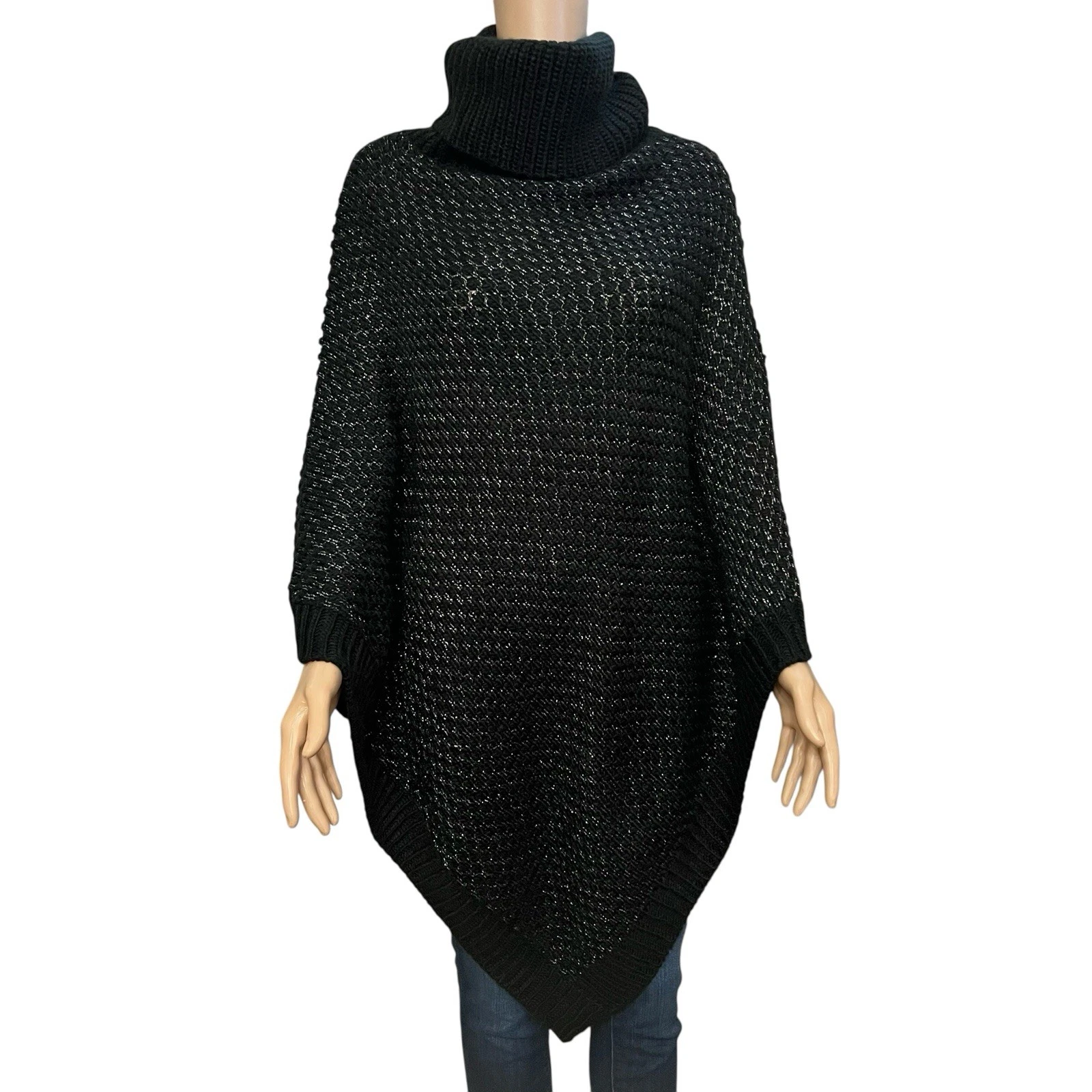 Calvin Klein Chunky Poncho Sweater One Size Black Silver Cowl Neck Pointed Hem