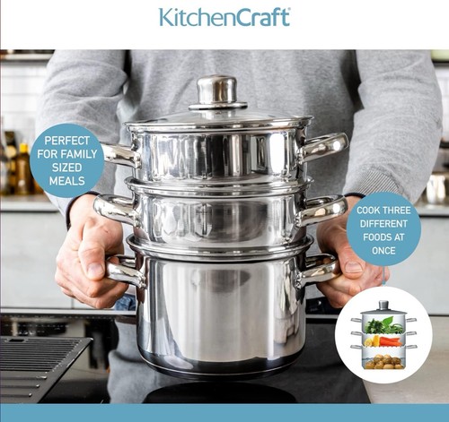 KitchenCraft Stainless Steel Three Tier 18cm Steamer Pan/ Stockport Induction - Picture 2 of 7